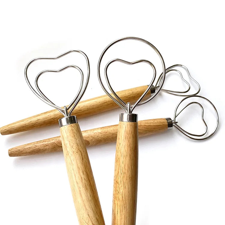 Manjia Heart Shape Danish Dough Whisk Stainless Steel Dutch Style Bread Dough Hand Mixer Wooden Handle Kitchen Baking Tools
