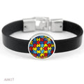 Autism Down Syndrome Breast Cancer Awareness Pink Yellow Orange Blue Gold Ribbon Glass Dome Cabochon Charm Leather Bracelets