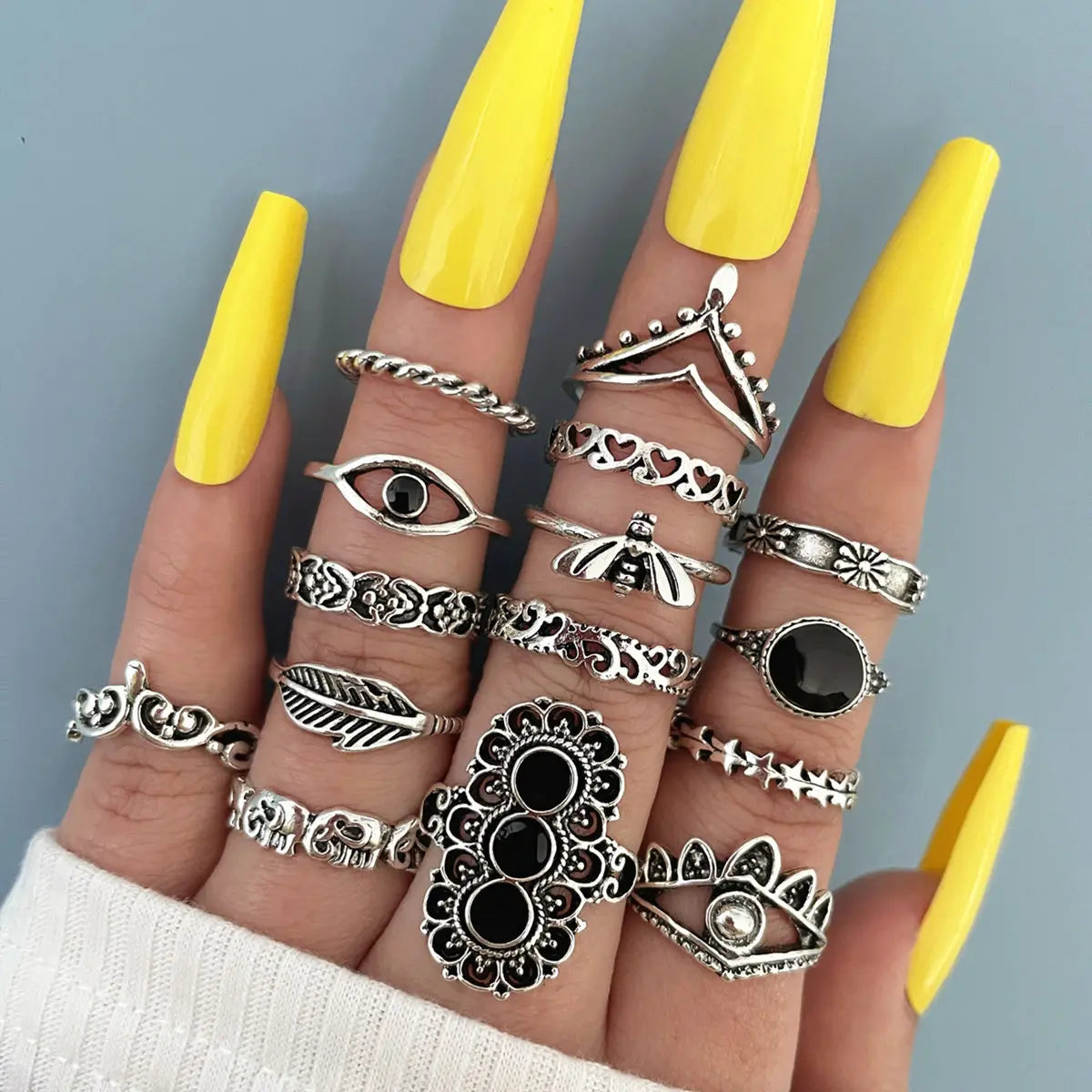 15Pcs/Set Bohemia Style Ring Set for Women eyes bee Heart Decor Knuckle Midi Finger Rings Elephant Crown Flowers Joint Rings