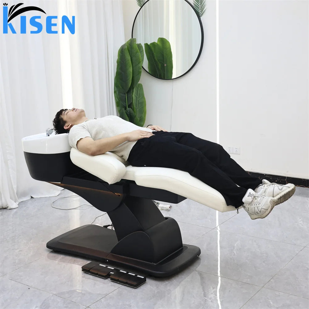 Hot Sale HeadSpa Electric Body Massage Washing Hair Chairs Rotation Shampoo Hair Salon Bed With Ceramic Basin for Barbershop Use
