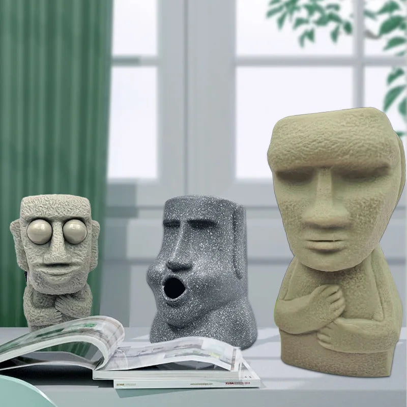 DM499 Funny Gypsum Rock Figure Moai Stone Man Face Candle Mold Aroma Concrete Statue Epoxy Resin Silicone Molds for Sale
