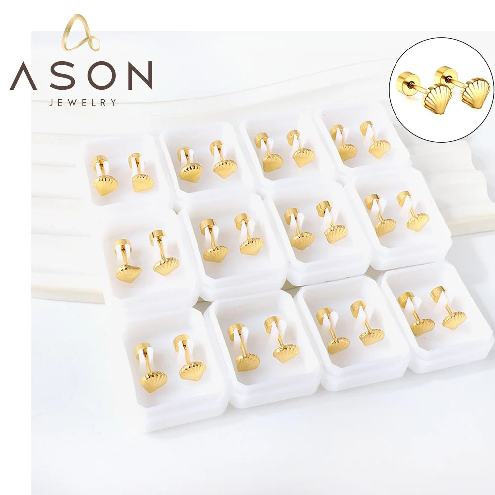 Ason Fashion Jewelry Wholesale Cheap Cowrie Hypoallergia Shell Earrings Threader Stainless Steel Screw Earrings for Women