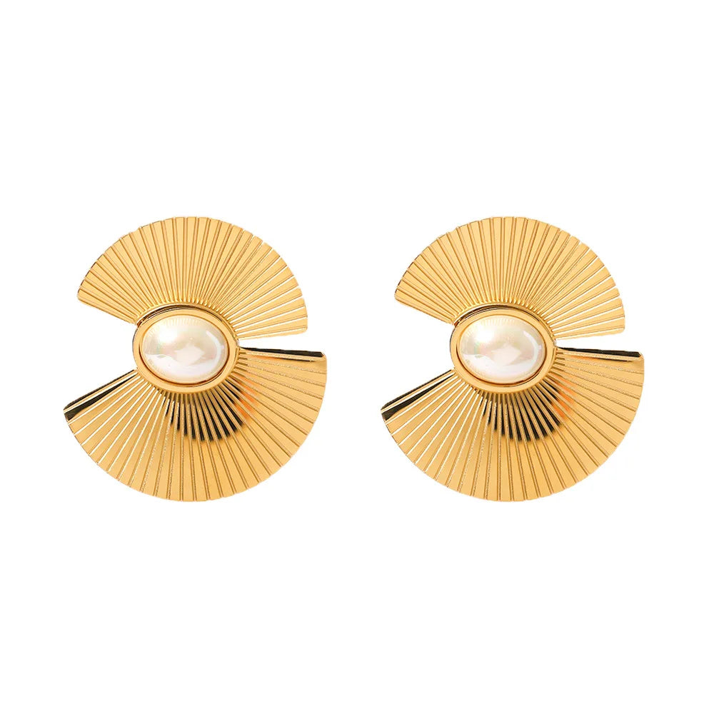 Statement Exaggerated Large Gold Plated Stainless Steel Sector Irregular Size Oval Imitation Pearl Stud Earring for Unisex
