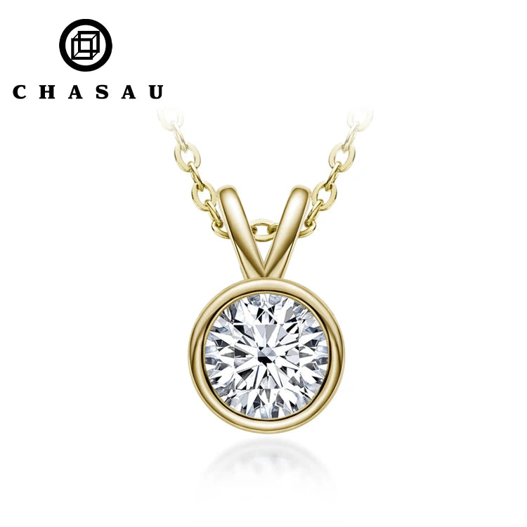 Fast Delivery 14k Gold Plated S925 Silver Bezel 1ct 2ct Cubic Zirconia Women 2 Carat Solitaire CZ Round Necklace