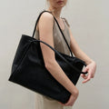 Women's Large Capacity PU Leather Tote Bag Simple Design with Soft Texture in Black for Autumn and Winter Shoulder Bag