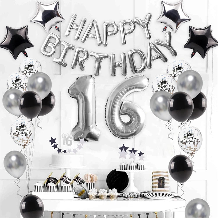16th Birthday Decorations Supplies Silver Sweet Silver 16 Birthday Party Number 16 Balloon Happy Birthday Banner Cake Topper