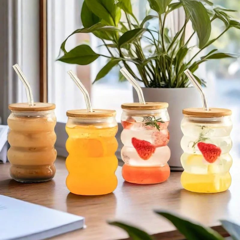 Clear Reusable High Borosilicate Vintage Ripple Shaped clear Glass Cup Children's Juice Drink Cup With Glass Straw Bamboo Lid