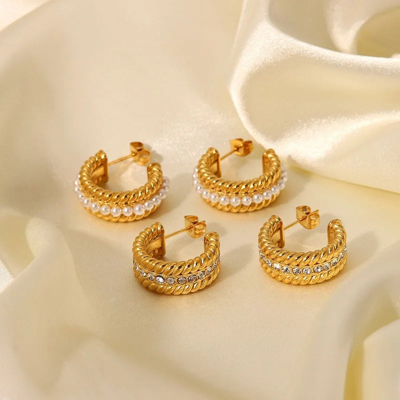 Three Layer Twist Imitation Pearl Zircon Inlaid Earrings Stainless Steel Gold Plated Jewelry Cc Shape Stud Earrings For Women