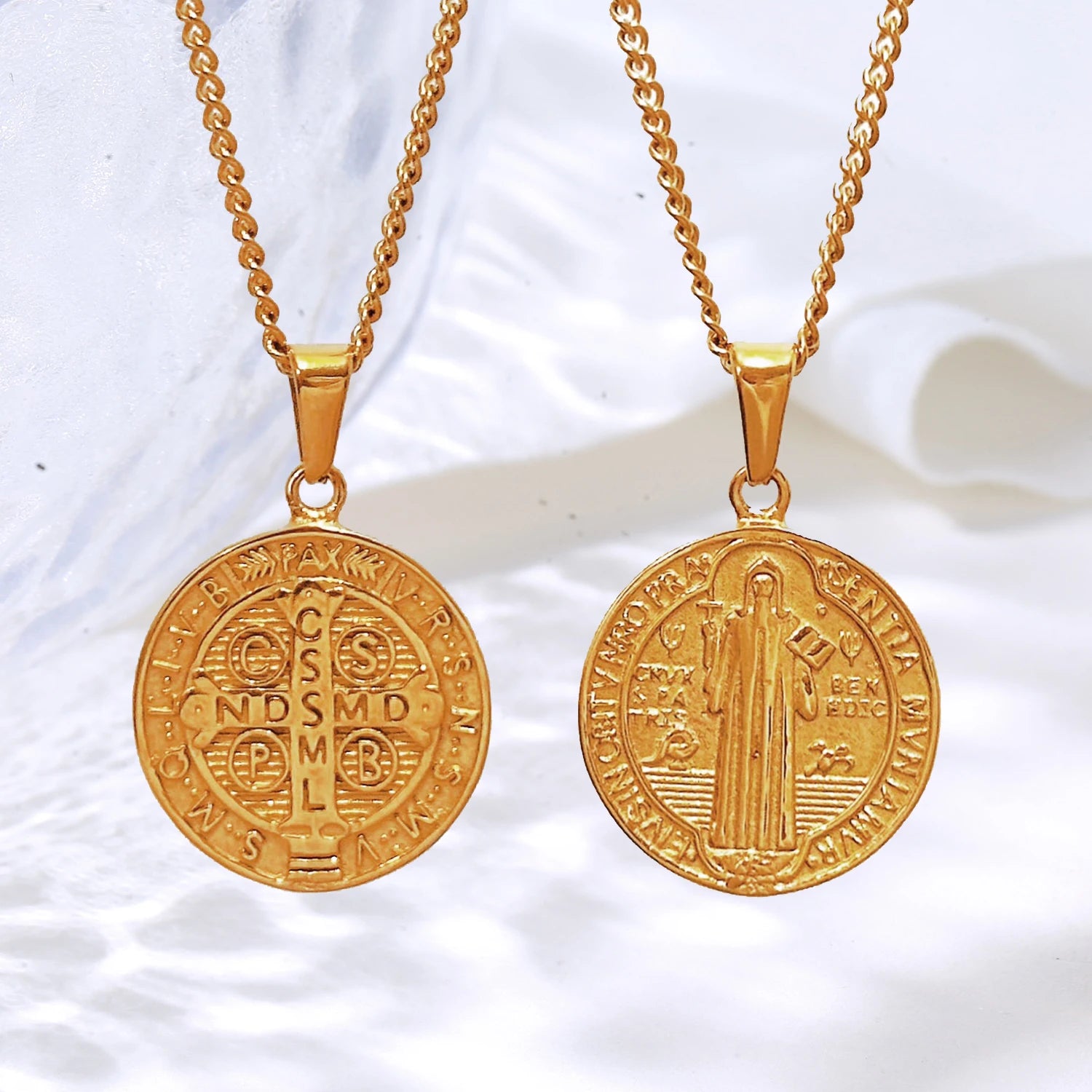 18k Gold San Benito Protection Religious Medal Pendant Greek Jewelry Cross Pendants Catholic Saint Benedict Pendant Necklace