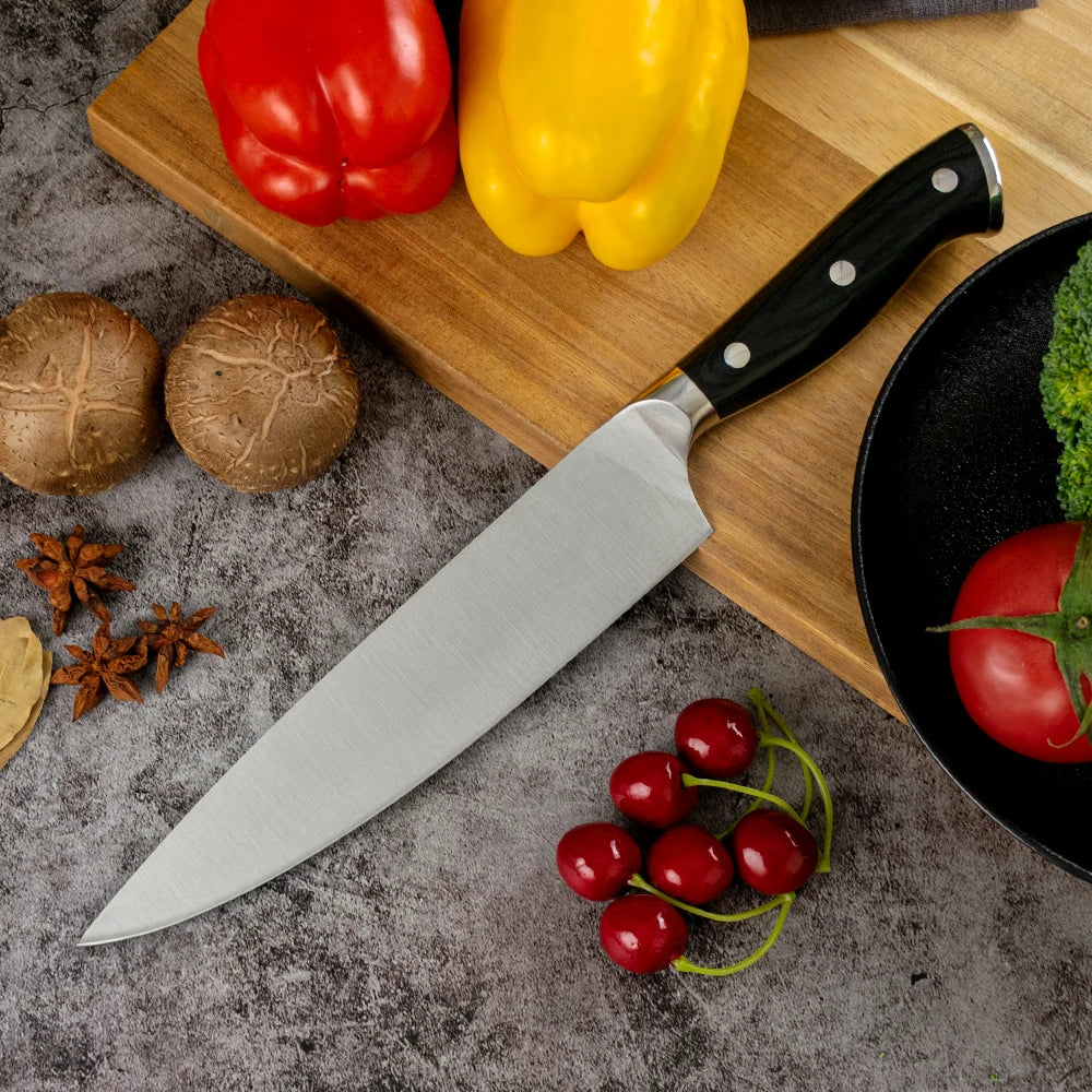 8 Inch 5Cr15Mov Stainless Steel Kitchen Chef Knife with Ergonomic Pakka Wood Handle Ambidextrous Design High-Polish Finish