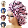 Custom Logo Extra Large Big Sleeping Cap Women Leopard Elastic Band Hair Wrap Silk Satin Bonnet With Tie