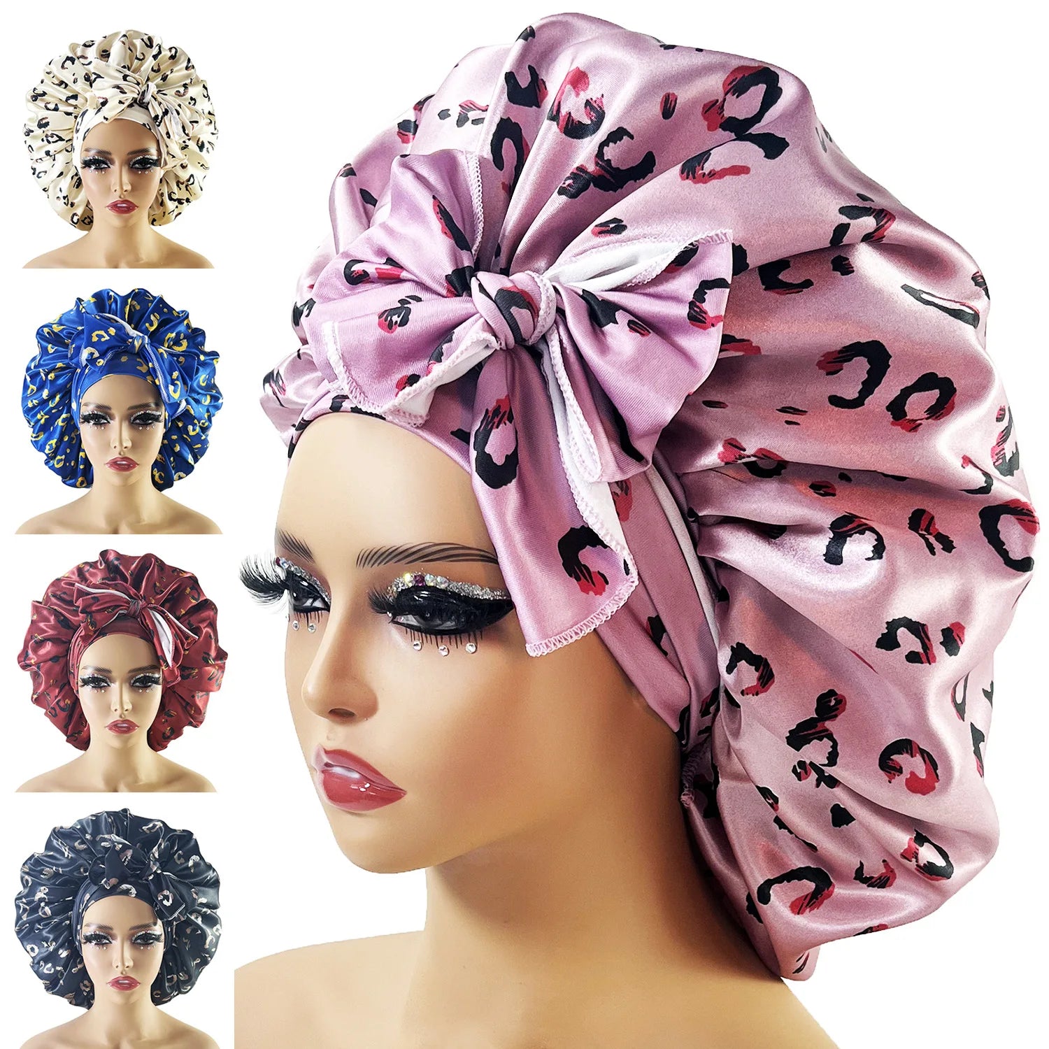 Custom Logo Extra Large Big Sleeping Cap Women Leopard Elastic Band Hair Wrap Silk Satin Bonnet With Tie