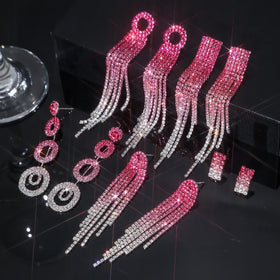 New Color Pink Gradient Series Super Flash Glass Stones Round Rhinestone Silver Plated Trendy Stud Earrings