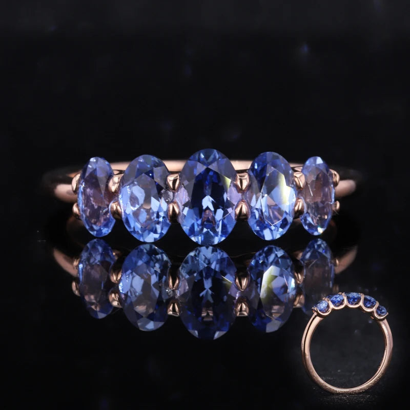 Starsgem Trendy Oval Cut 5 Stones Lab Grown Sapphire Rose Gold Wedding Gold Ring Band