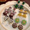 2024 Fashion Jewelry Medieval Vintage Pearl Geometric Earrings Colored Diamond Round Flower Antique Gold Statement Drop Earrings