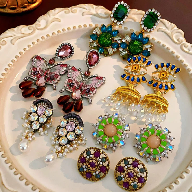 2024 Fashion Jewelry Medieval Vintage Pearl Geometric Earrings Colored Diamond Round Flower Antique Gold Statement Drop Earrings