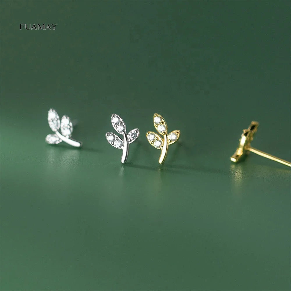 FUAMAY Vintage Gold Leaf Clip Earring Zircon Women's Fashion Silver Bling Ear Studs for Weddings Parties Girls Jewelry Gifts