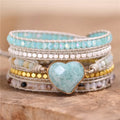 Romantic Amazonite Heart 5 Strands Wrap Charm Bracelet Beaded Gemstone Cuff Bangle Bracelet Handmade Jewelry Bijoux Dropshipping