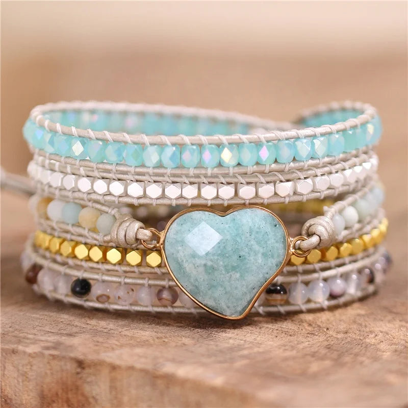 Romantic Amazonite Heart 5 Strands Wrap Charm Bracelet Beaded Gemstone Cuff Bangle Bracelet Handmade Jewelry Bijoux Dropshipping