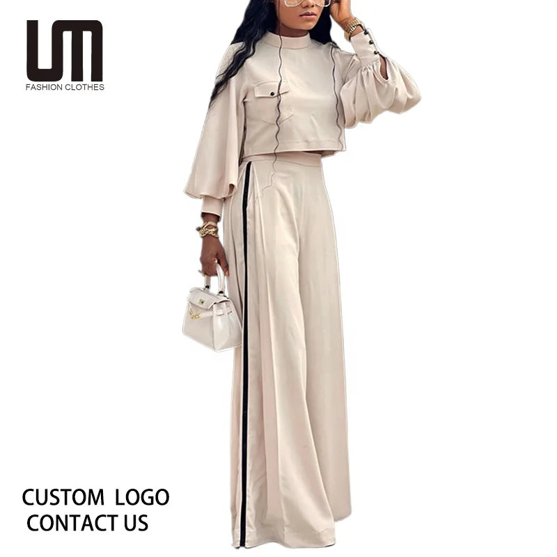 Liu Ming Trending Vintage Autumn Women Outfit Lantern Long Sleeve Blouse and Wide Leg Loose Pants Set
