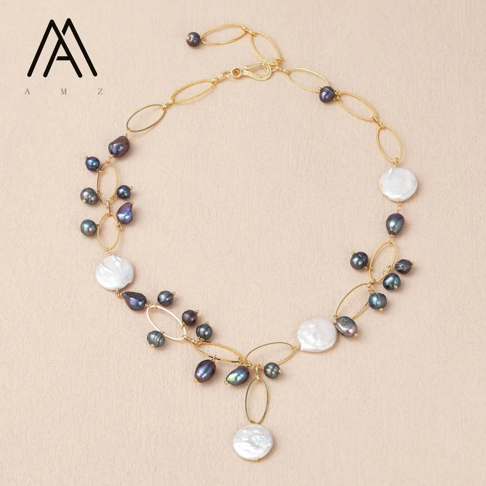 Trendy Bohemian Style Natural Grey and White Freshwater Pearl Necklace with Chain for Weddings Parties
