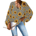 Wholesale Luxury Women Plus Size V-Neck Tunic Tops Loose T Shirt with Sun Flowers Printing Long Sleeve Women's Shirts & Blouses