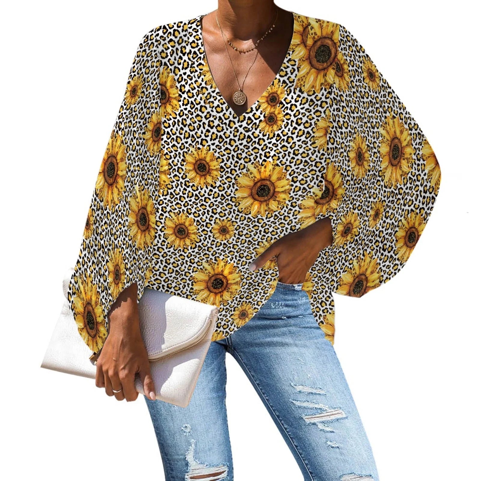 Wholesale Luxury Women Plus Size V-Neck Tunic Tops Loose T Shirt with Sun Flowers Printing Long Sleeve Women's Shirts & Blouses