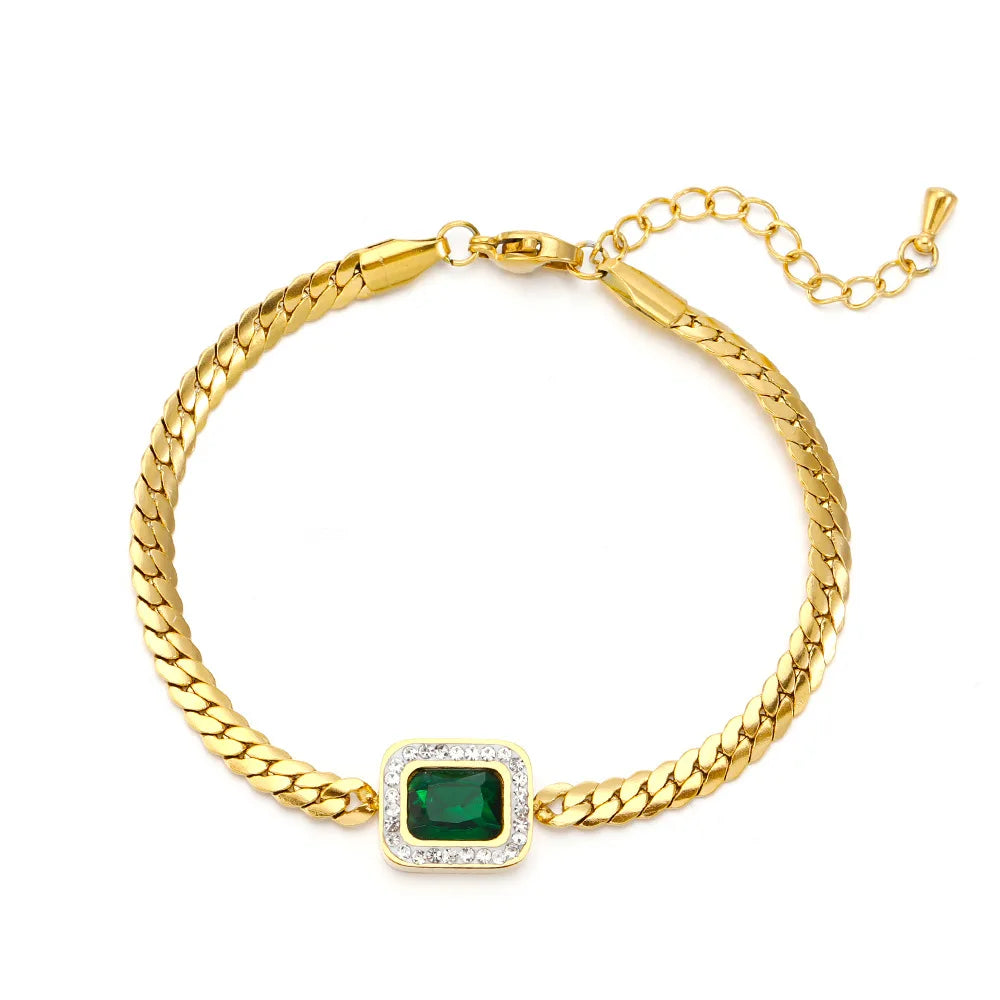 Fashion New Gold-plated Stainless Steel Shiny Diamond Flat Chain Bracelet Titanium Steel Geometric square Emerald Bracelet