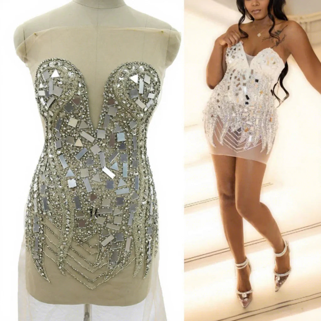 WDP-445 Keering Full Crystal Green Silver Gold Ab Rhinestone Wedding Dress Panels Pearl Bodice Mirror Appliques