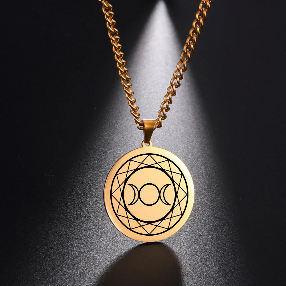 Viking Triple Moon Goddess Necklace Laser Engraving Wicca Stainless Steel Charm Jewelry