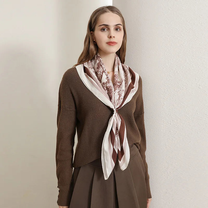 QL Luxury Satin Women's Head Scarf Viscose and Imitated Cotton Wool Multi-Color Geometric and Argyle Leaf Printed Shawl