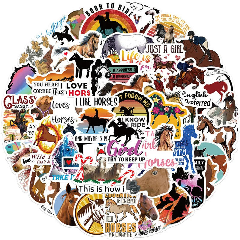 50PCS Cute Horses Stickers Horse Riding Stickers Waterproof Horse Racing Stickers for Cowboy Kids Teens Men Adults