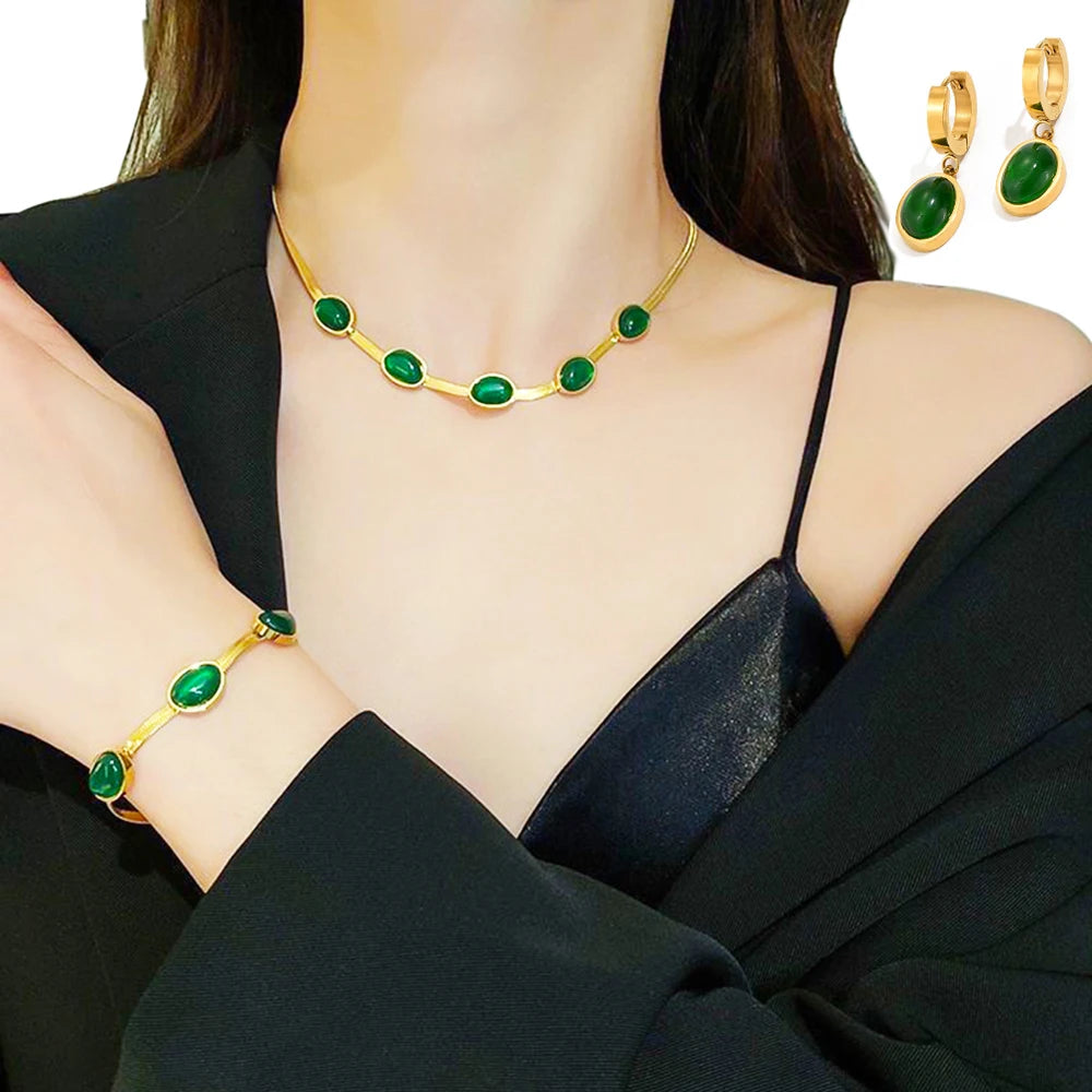 Exquisite Women's Trendy Emerald 18K Gold Stainless Steel 3-Piece Jewelry Set Engagement/Wedding Party Earrings Bracelet