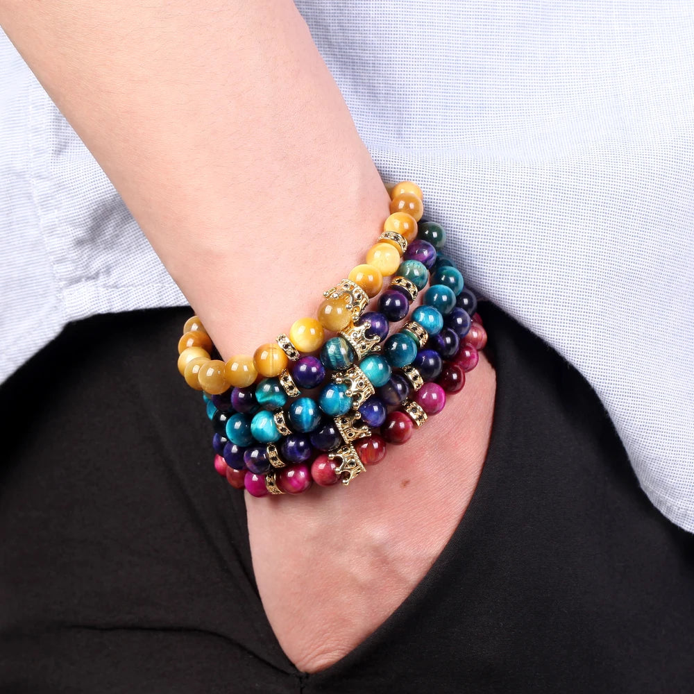 Classic Elastic Men/Women Tiger Eye Bracelet Natural Stone Micro Pave Zircon Crown Gold Plated Jewelry Bracelets Set for Wedding