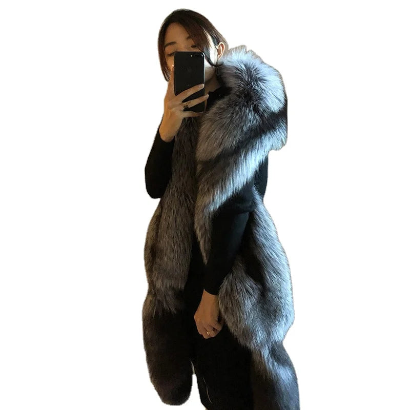 MWFur Fashion Unisex Long Luxury Whole Fox Skin Stole With Tails Fox Fur Stole Winter Street Fahion for Women