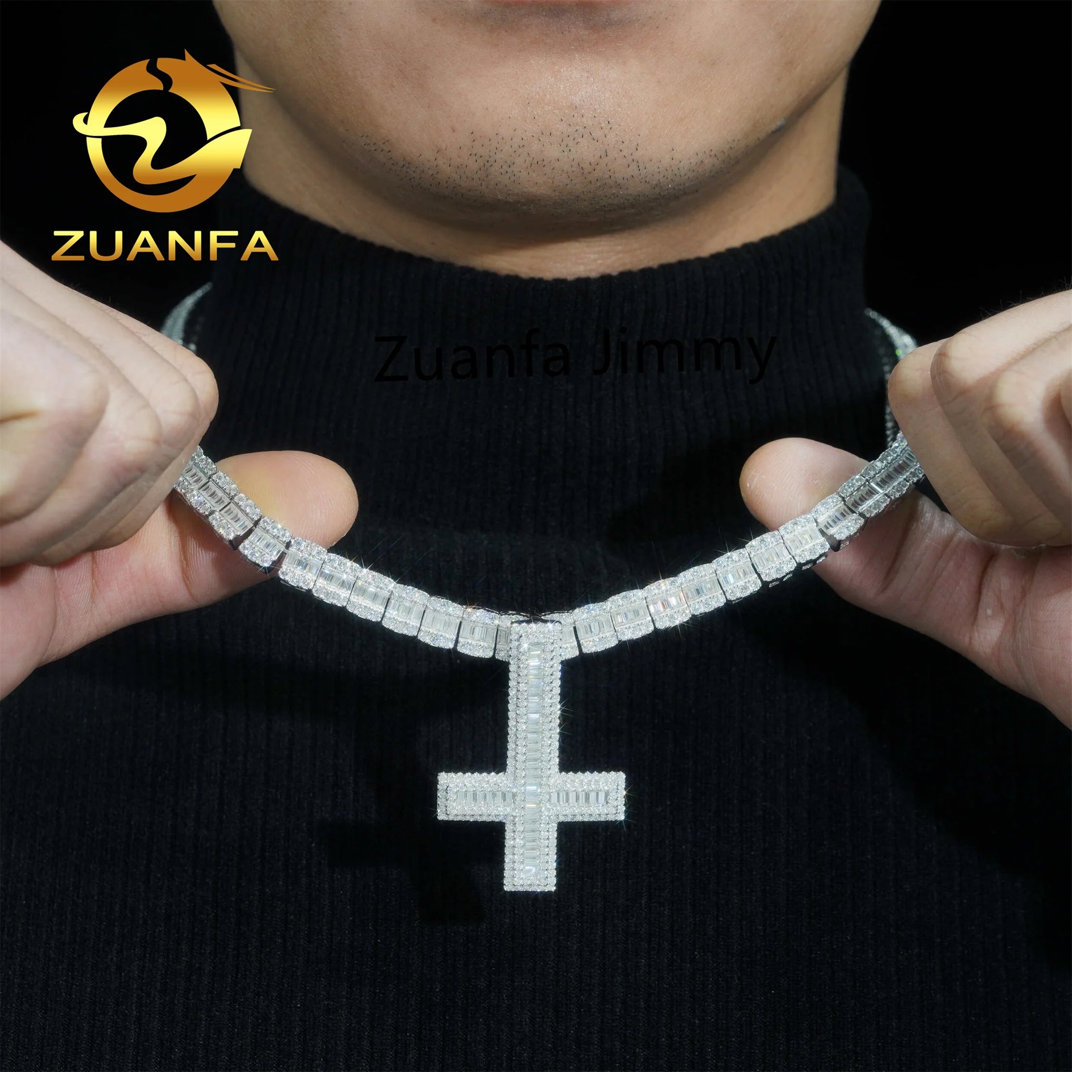 Popular Pass Diamond Tester Hip Hop Luxury Pendant Jewelry S925 Solid Silver VVS1 Moissanite Diamond Cross Pendant Necklace Set