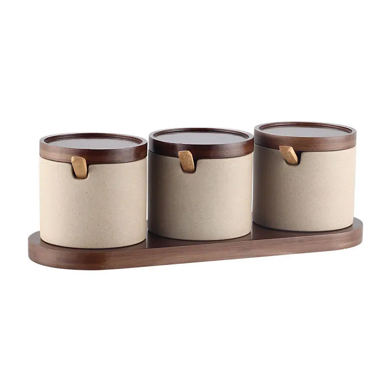 Premium 3 Pcs Large Round Herbs Storage Ceramic Spice Jar Set with Bamboo Lid and Base Custom Logo Option for Home Kitchen