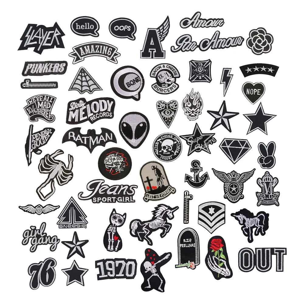 Punk Style White and Black Color Custom logo Skull Design Iron on Embroidery Rock Band Patches for Down Jacket Pant Coat Repair