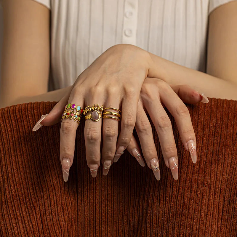 Vintage 18K Gold Plated Women's Stainless Steel Rings Trendy Colorful Enamel Geometric Open Design Adjustable Drop Oil Feature