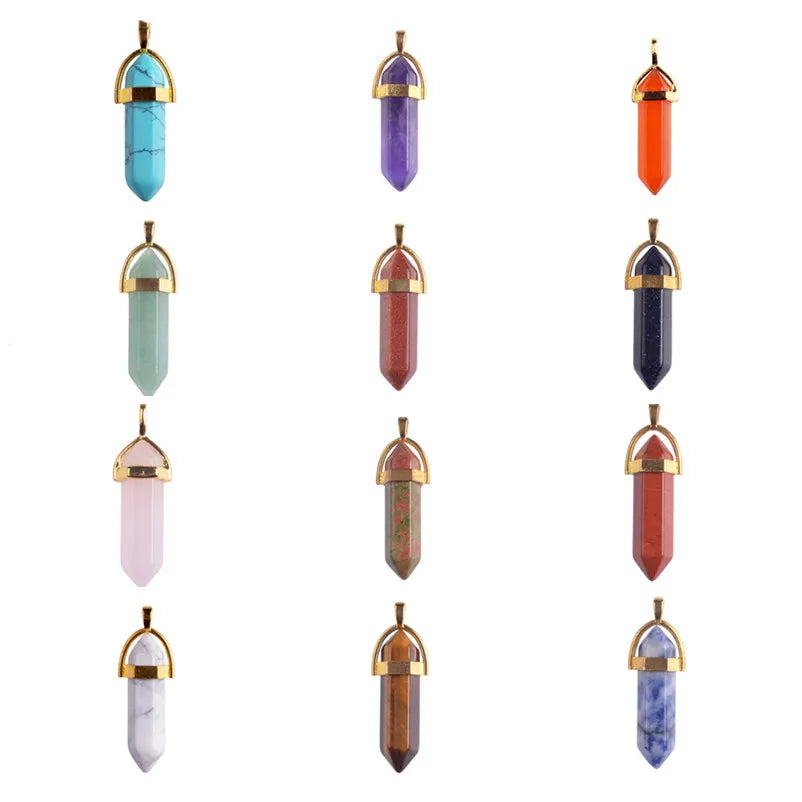 Hexagonal Chakra Crystal Bullet Shape Gemstone Pendant Necklaces Gold Pointed Quartz Stone Chain Necklaces for Women and Men