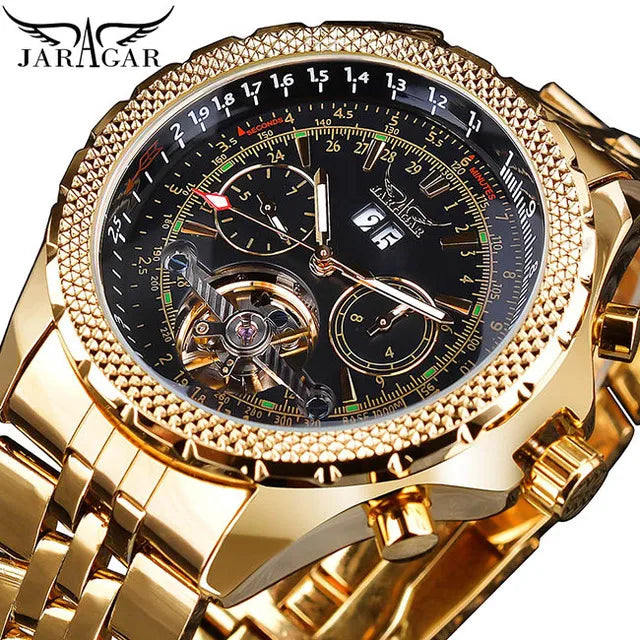 Jaragar Golden Bezel Scale Dial Tourbillon Design Mens Watch Full Steel Top Clock Automatic Mechanical Men Watch Reloj Hombre