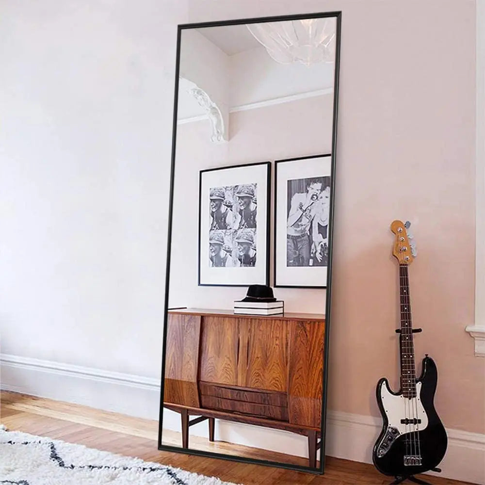 Luxury Hotel Full Length Mirror Standing Floor Mirror Mental Frame Wall Mounted Classic Industrial Style Dressing Mirror(Black)