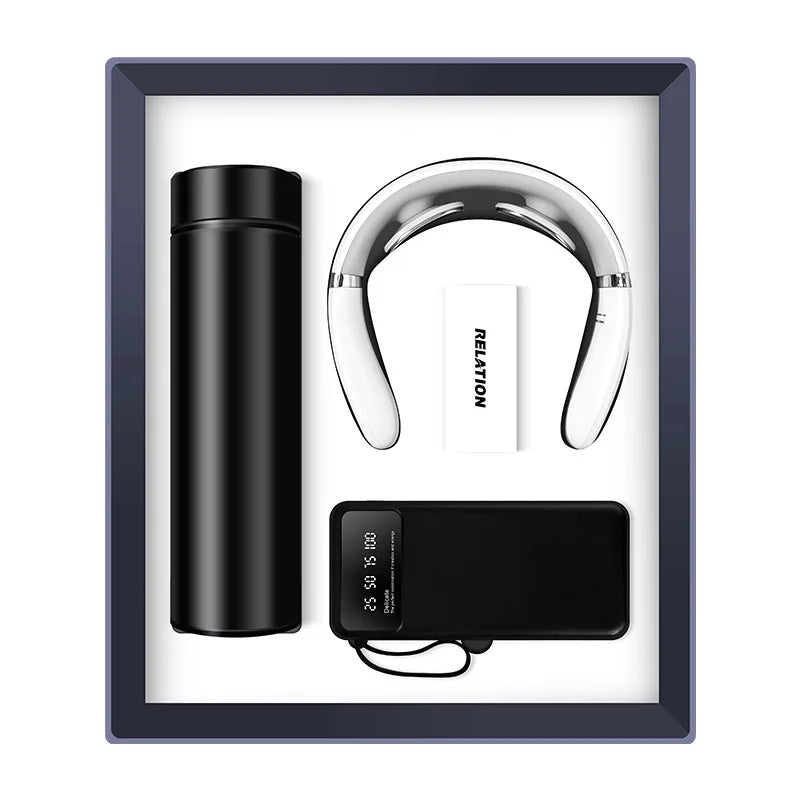 Custom  3 in 1 Vacuum Flask Neck Massager Power Bank With Phone Stand Luxury Business Welcome Cooperate Gift Set
