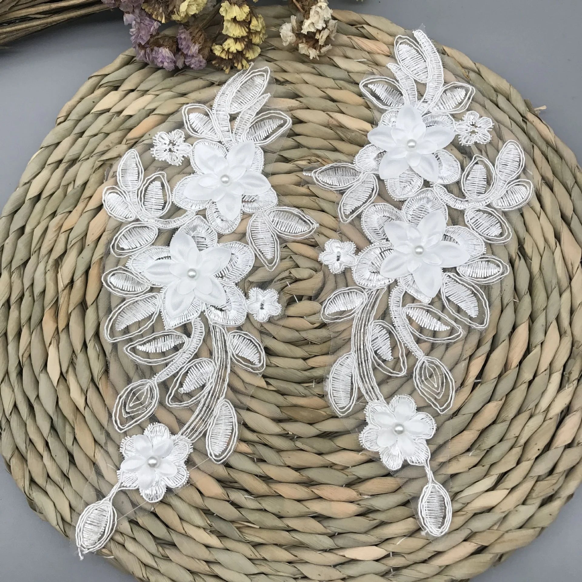 Wedding Dress Bridal 3d Flower Pearls Embroidery Cord Lace Applique Pair LT2651A