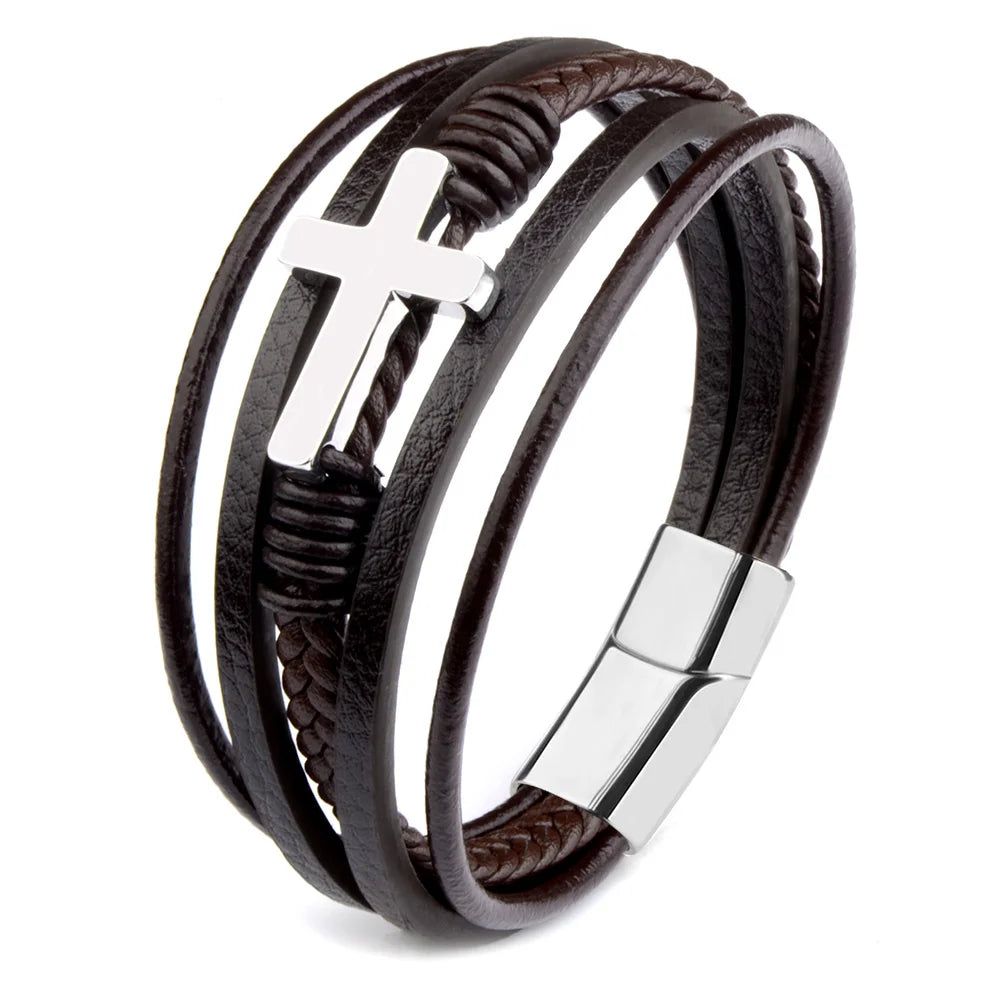 Hot Sale 5 Layer Genuine Leather Stainless Steel Cross Charm Men Bracelet