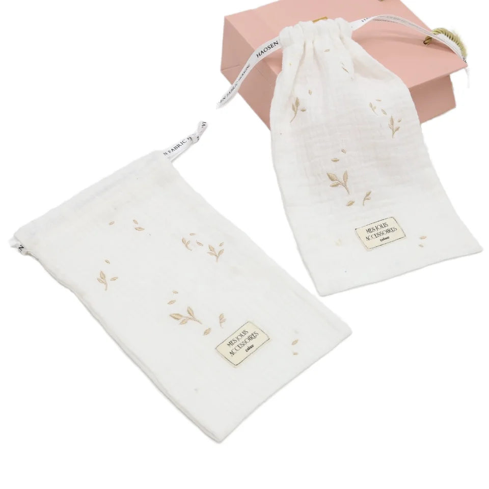 Custom Embroidery Printed Pouch Gift Master Maternity Cloth Pouch Gauze Cotton Birth Gift Soft Muslin Cotton Bag