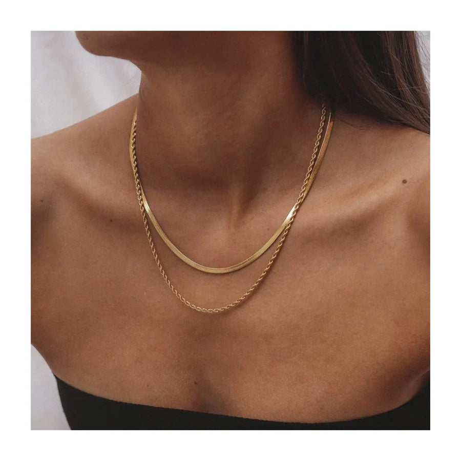 Dainty Stainless Steel Jewelry 18k Gold Plated Twisted Rope Chain Necklace Layered Double Snake Chain Choker Necklace
