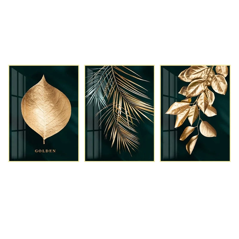 HONGYA Nordic Luxury Style Decorative Printed Art Golden Plant Glossy Printed Crystal Porcelain Painting Wall Art for Home Decor