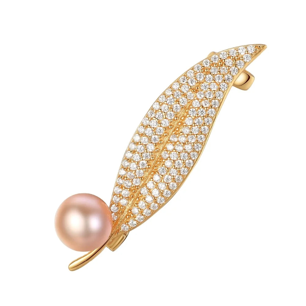 PAG&MAG Elegant Gold Color Plated Tiny CZ Micro Pave 925 Sterling Silver Leaf Shape Brooches Crystal Rhinestone Hijab Brooch