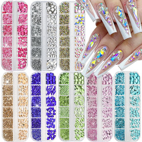 980Pcs/Box Clear Crystal Mixed Shapes Nail Art Charm 12 Grids Multi-Size Beads Nail Rhinestones 3D Flatback Gems Nail Decoration